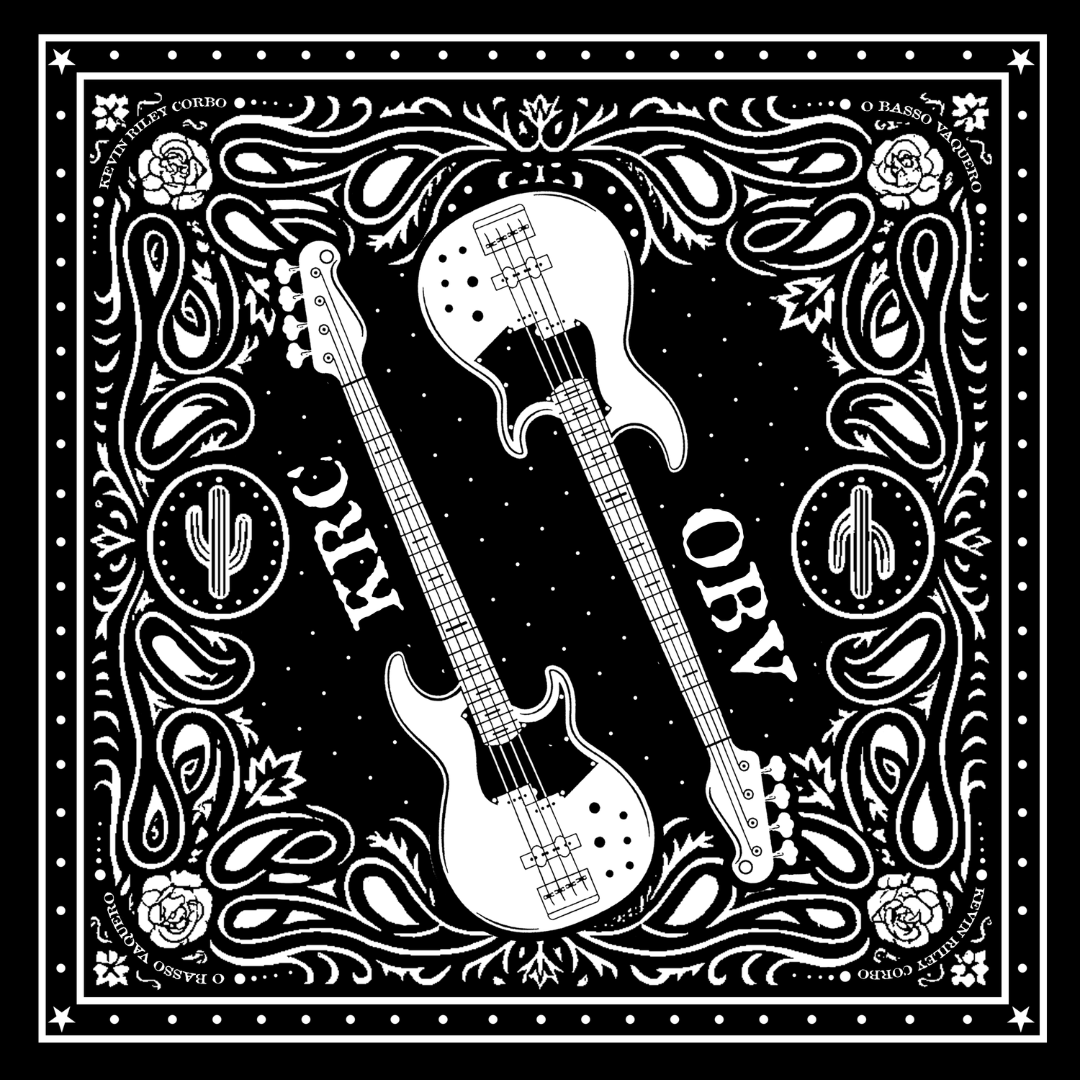 Hippies & Cowboys O’BASSO Bandana featuring dual bass guitar graphic with paisley Western design, vintage black and white print, and bold outlaw country style inspired by Kevin Riley Corbo.