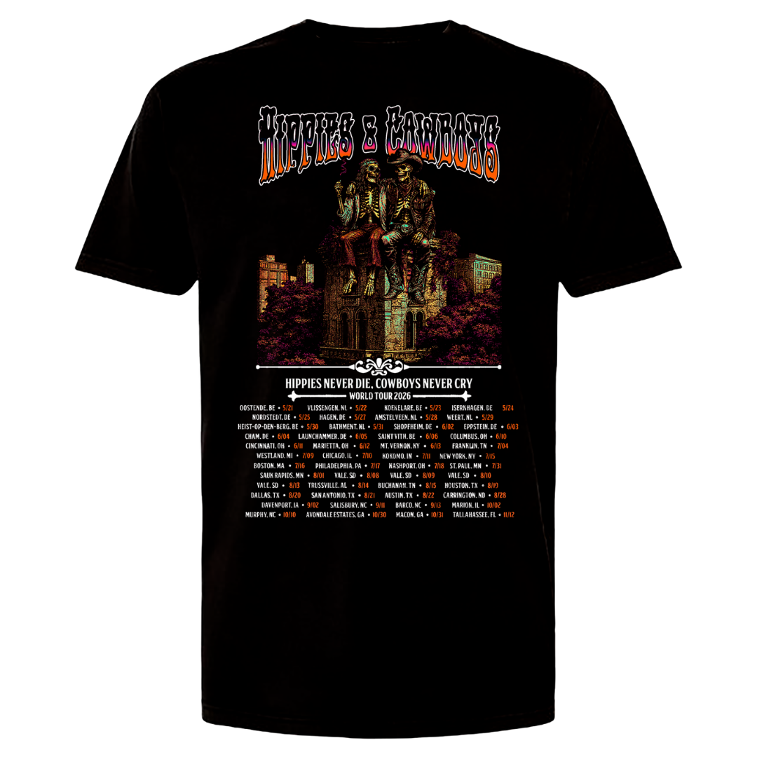 Back of black Hippies & Cowboys 2026 World Tour tee with skeleton artwork and tour dates.