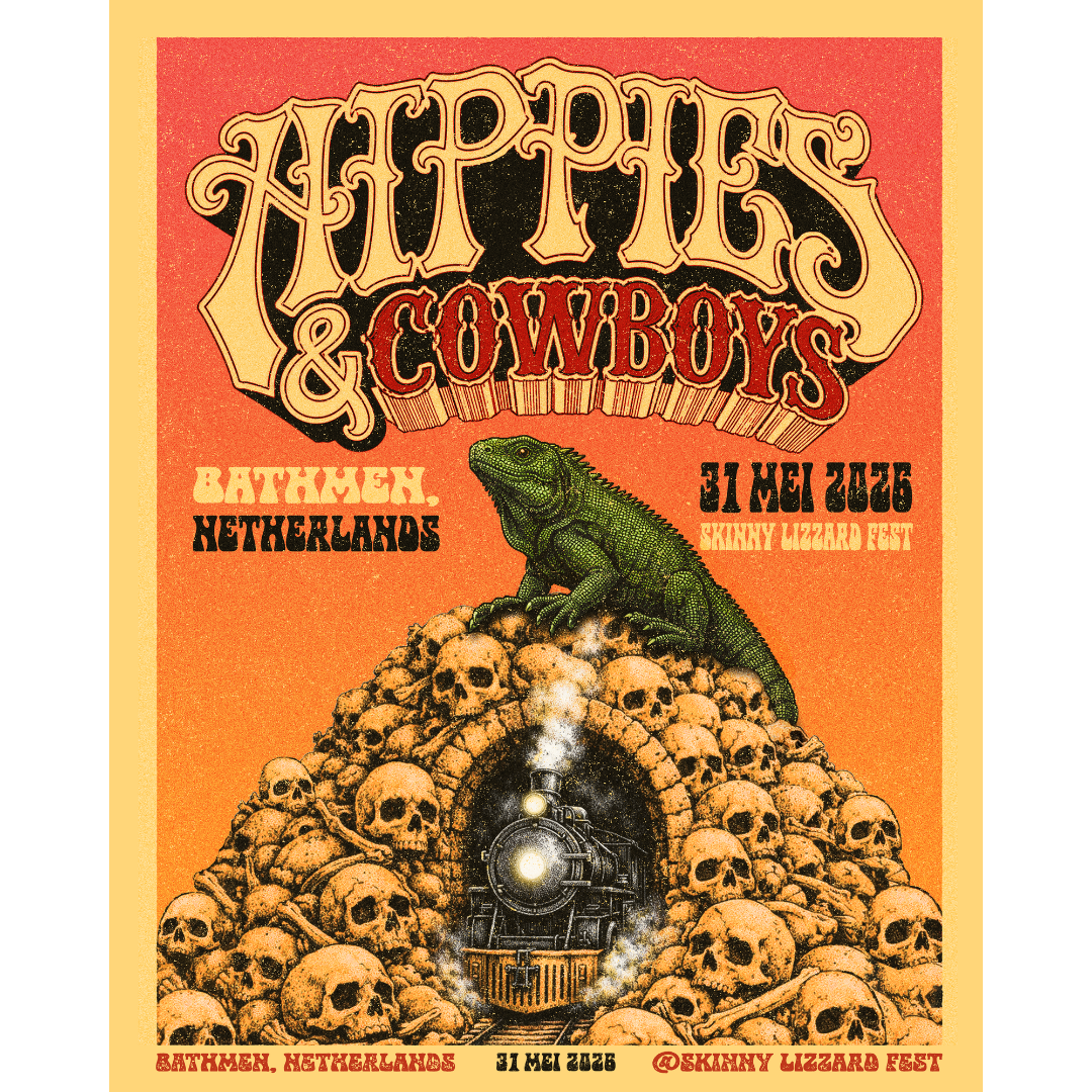 Hippies & Cowboys Bathmen Netherlands show poster featuring a green lizard, skull pile, and train artwork for Skinny Lizzard Fest.