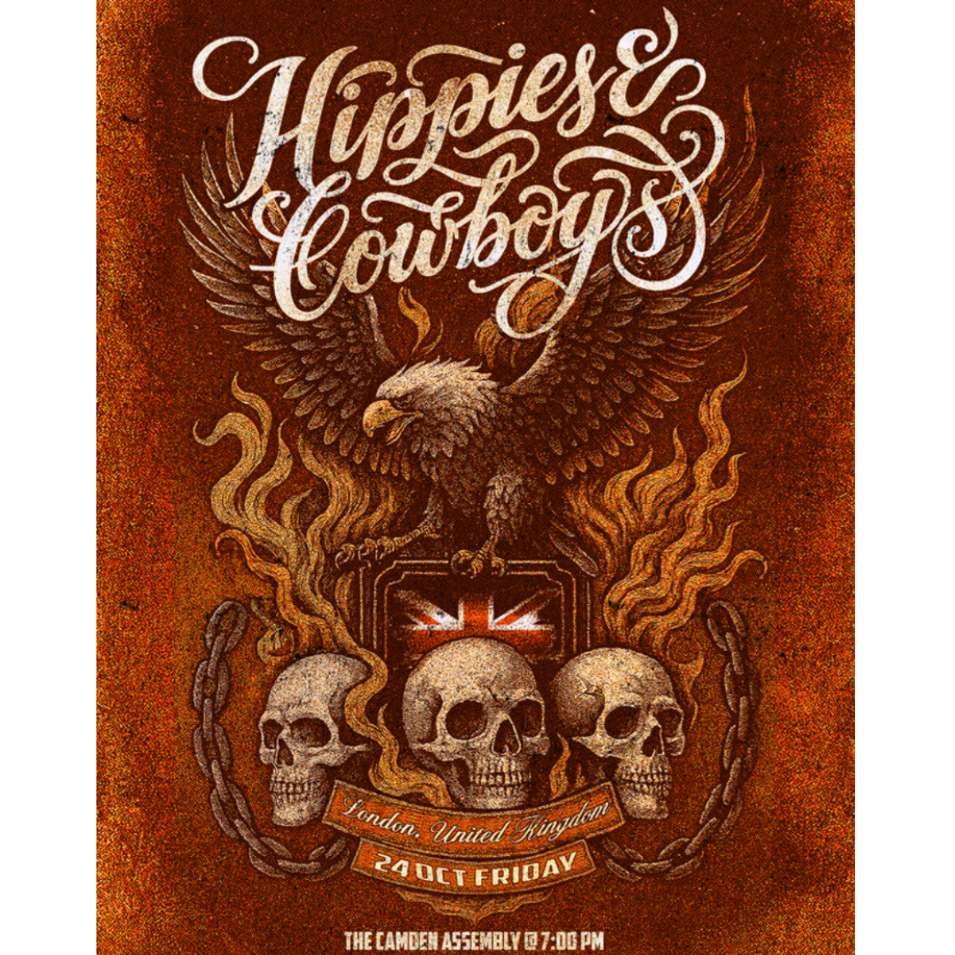 Hippies & Cowboys London 2025 poster with eagle, skulls, and Union Jack crest design. (Copy)
