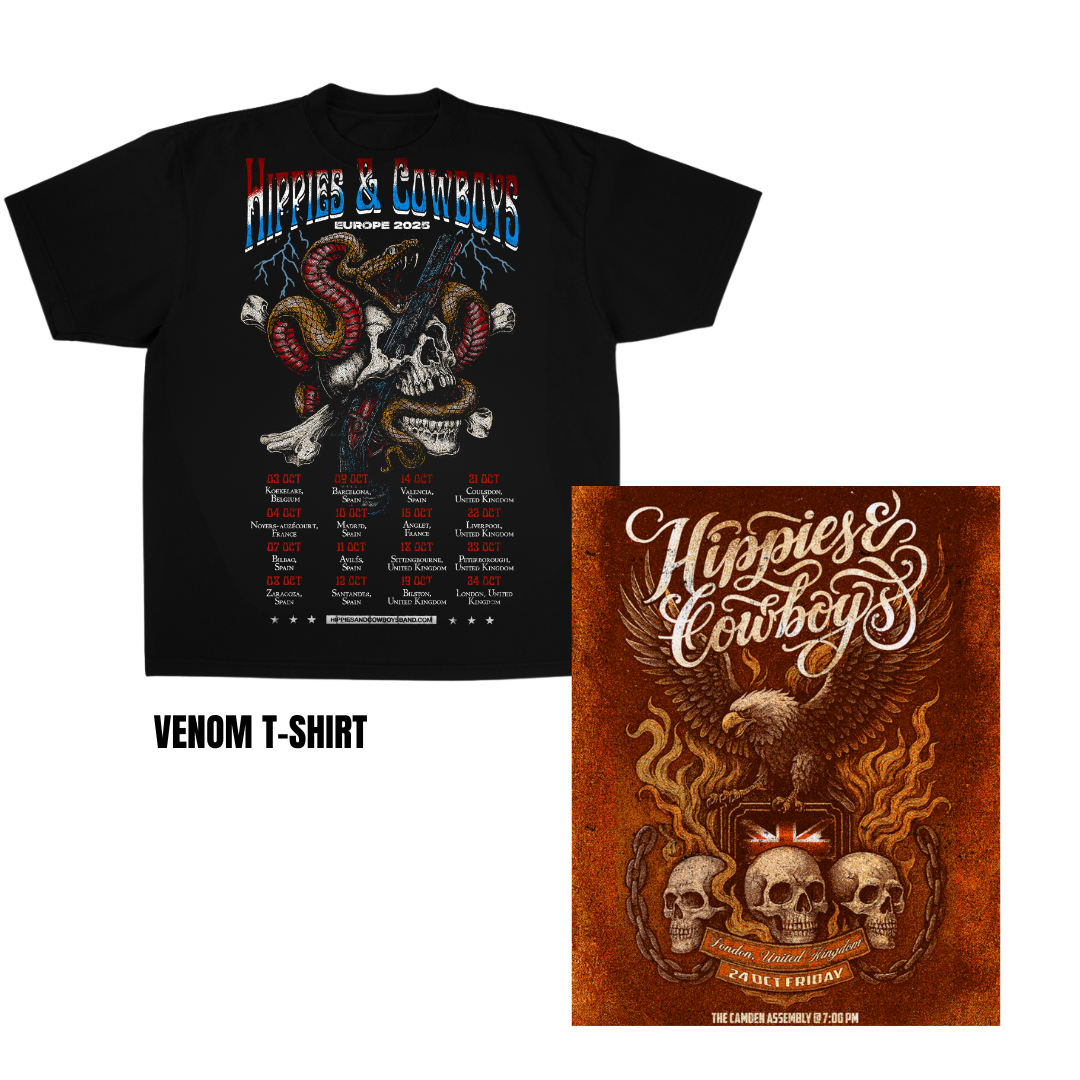 Hippies & Cowboys Venom Tour T-Shirt featuring skull and snake back graphic with 2025 Europe tour dates, paired with orange eagle-and-skulls Camden Assembly show poster. Collector’s bundle option.
