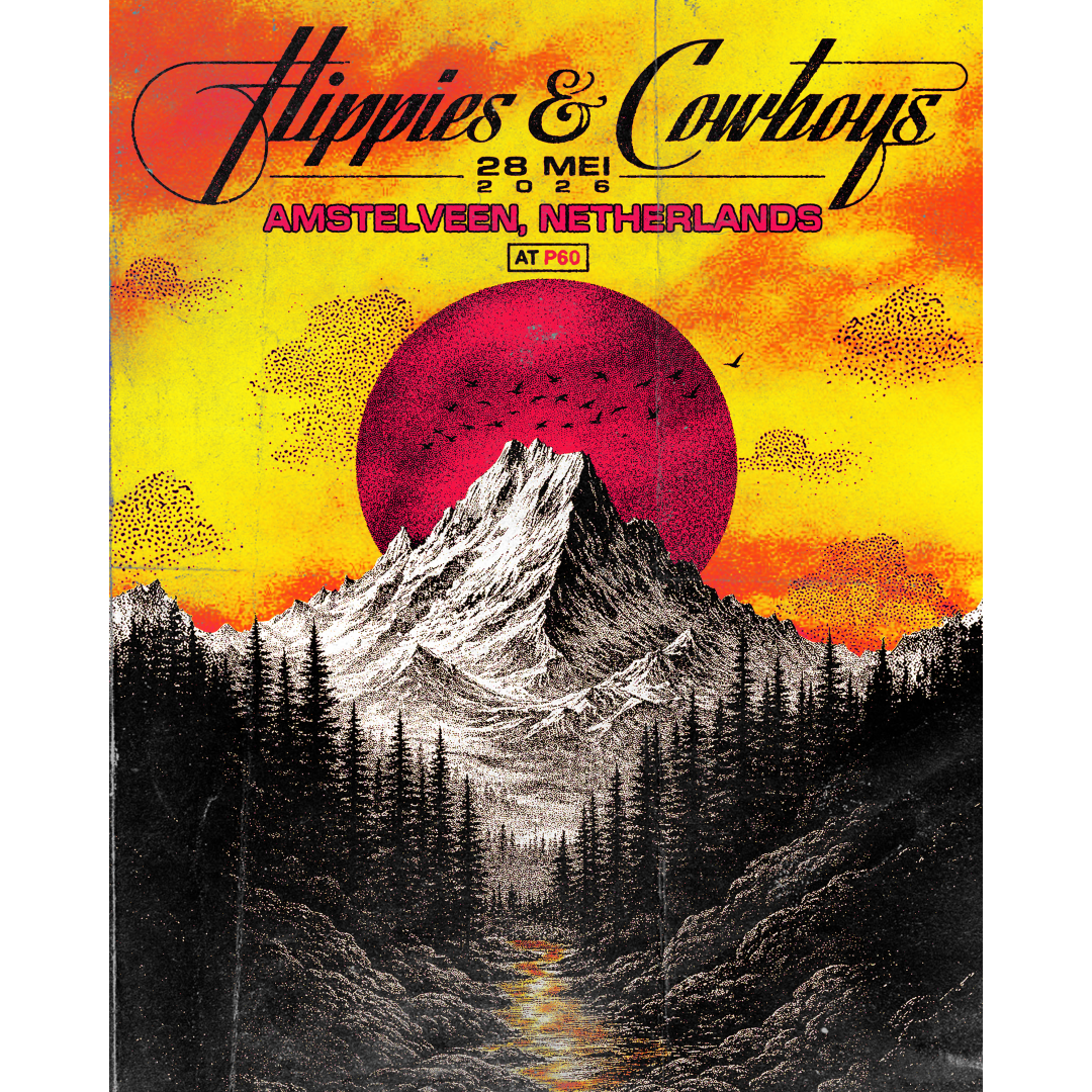 Hippies & Cowboys Amstelveen Netherlands show poster with a mountain landscape, red sun, and bold yellow vintage artwork.