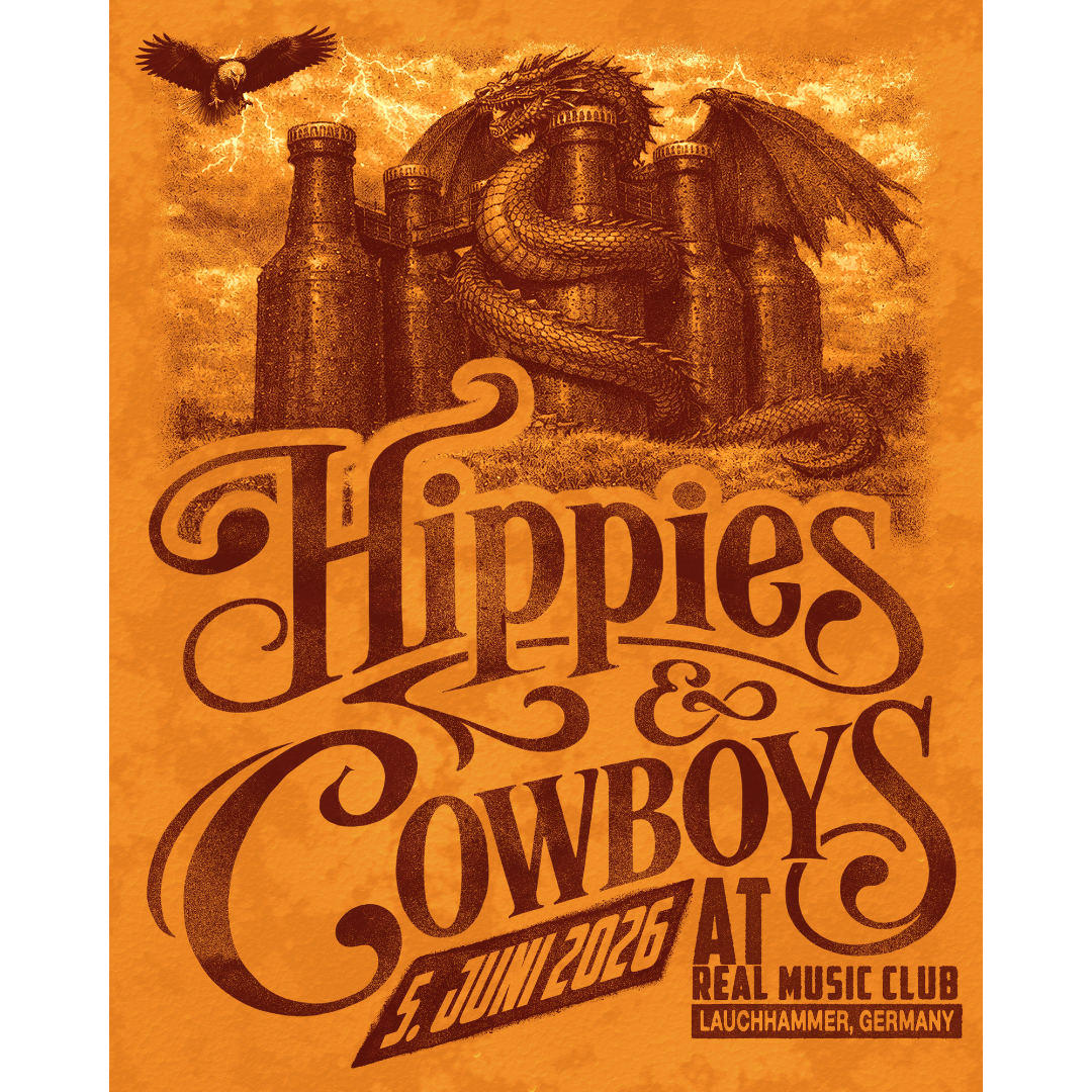 Hippies & Cowboys Lauchhammer Germany show poster featuring a dragon wrapped around castle towers with an eagle and orange vintage artwork.
