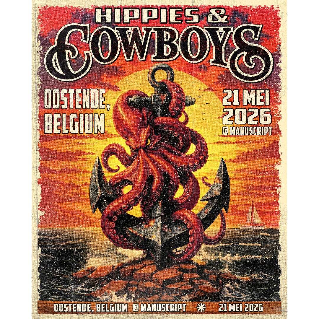 Hippies & Cowboys Oostende Belgium show poster with an octopus wrapped around an anchor at sunset for the Manuscript show.