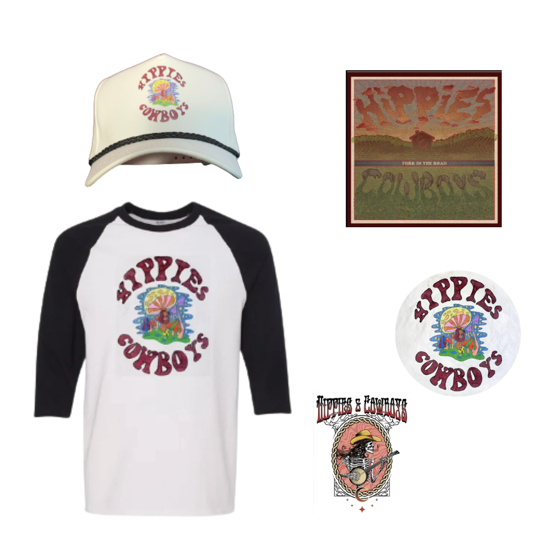 Flat lay of a Hippies & Cowboys cream trucker hat, black-and-white baseball raglan shirt, Fork In The Road CD, two round band logo stickers, and a rectangular graphic sticker on a white background.