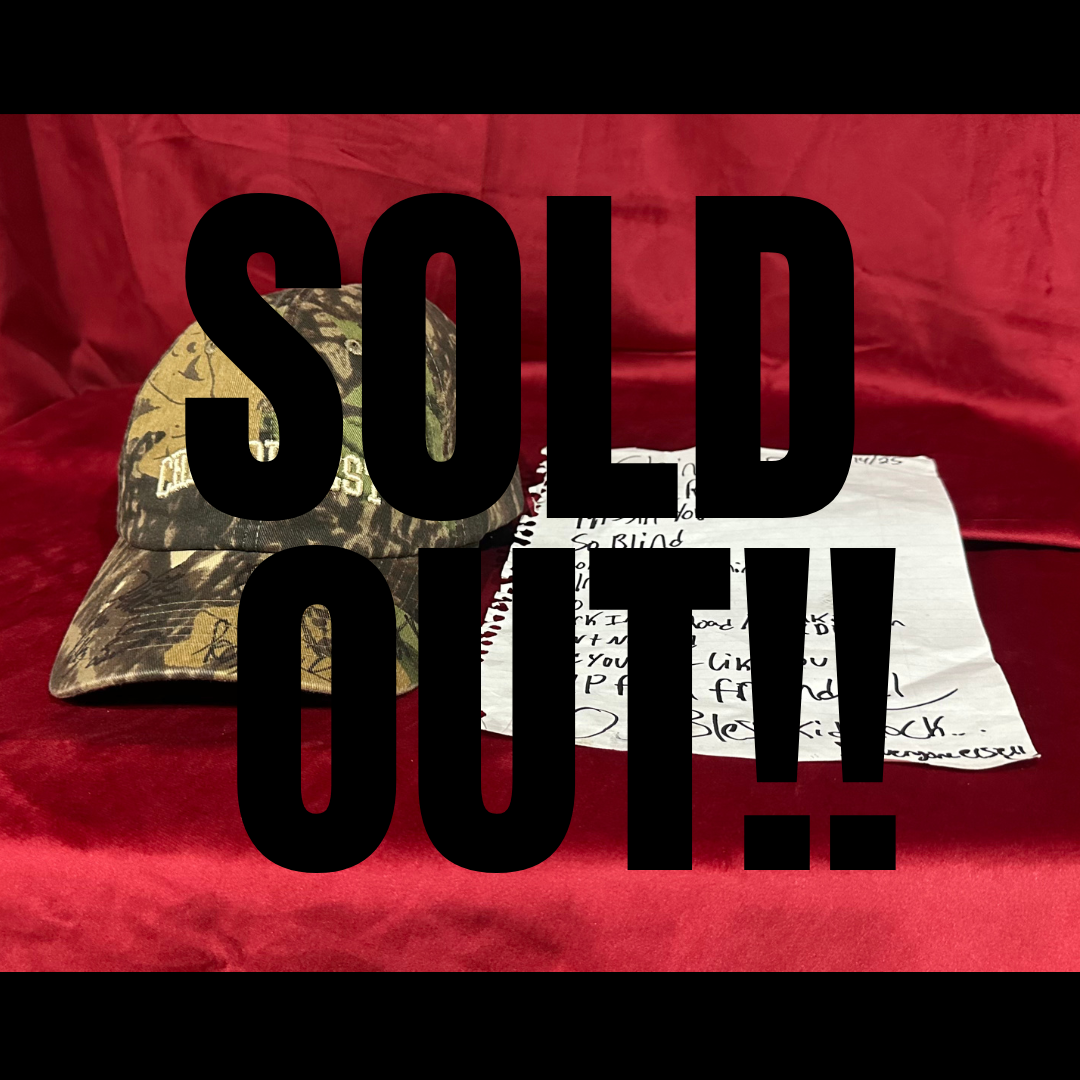 Signed Chinook Fest camo hat and setlist with bold “SOLD OUT!!” text overlay.