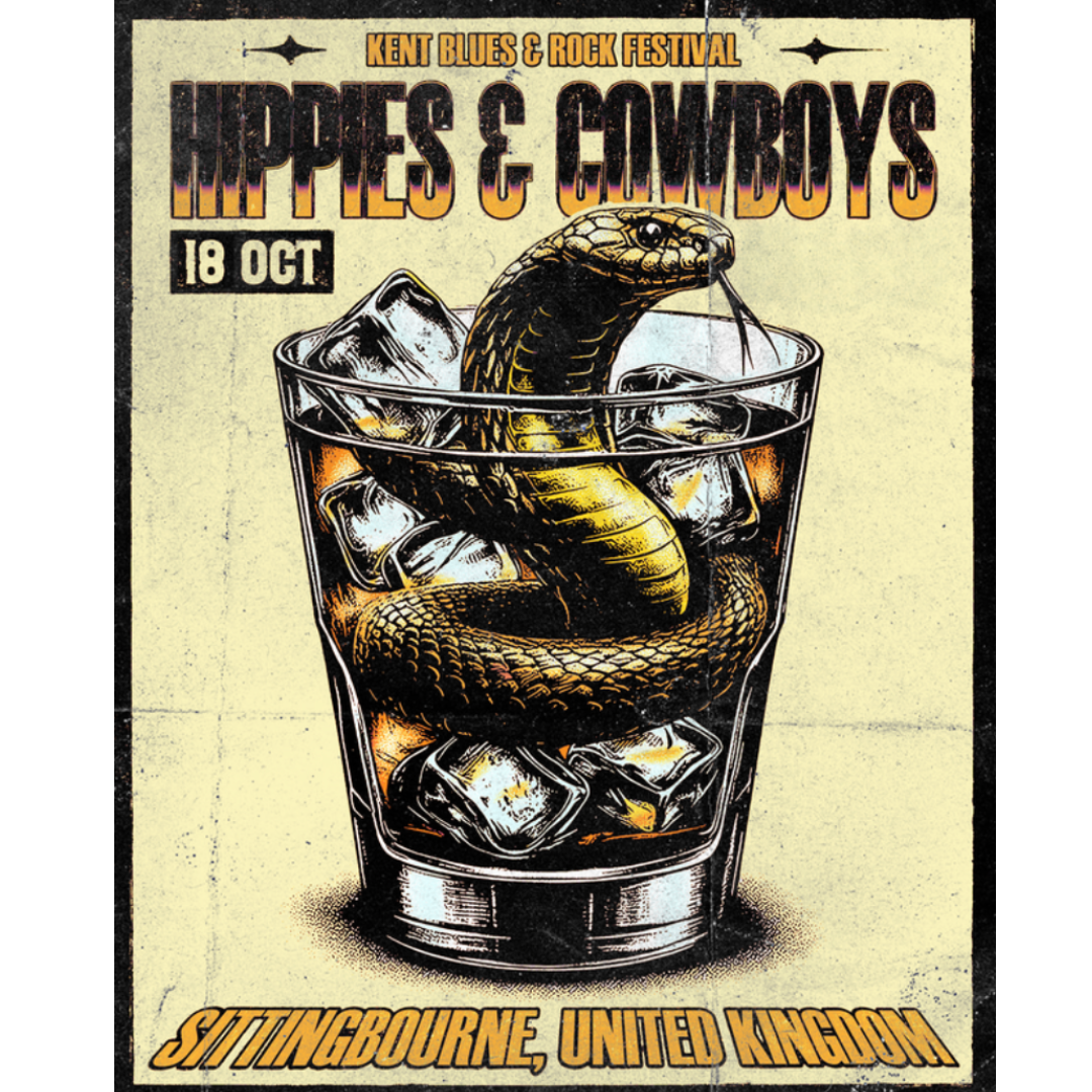 Hippies & Cowboys Sittingbourne 2025 poster with coiled snake in a glass of ice. (Copy)
