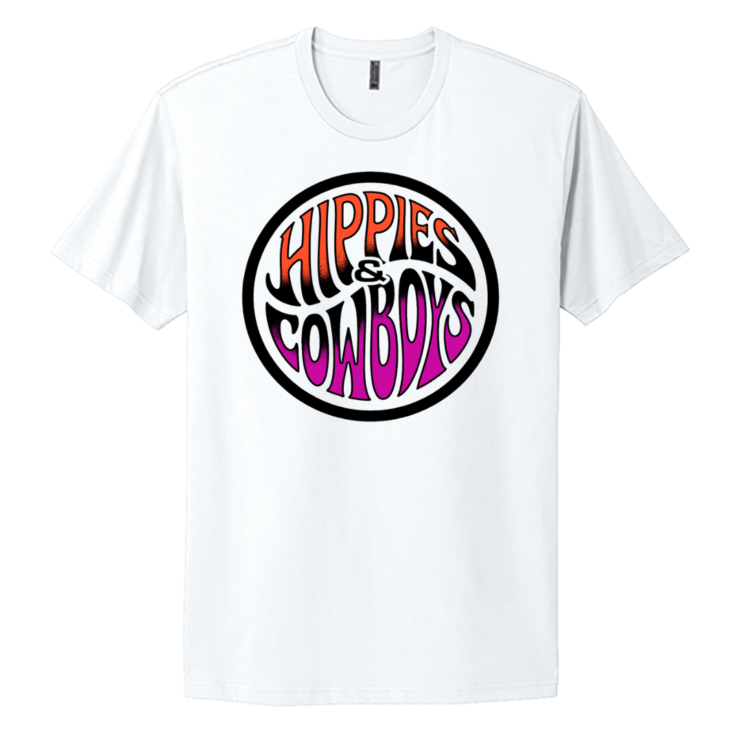 White Hippies & Cowboys graphic tee with orange, black, and magenta circular band logo.