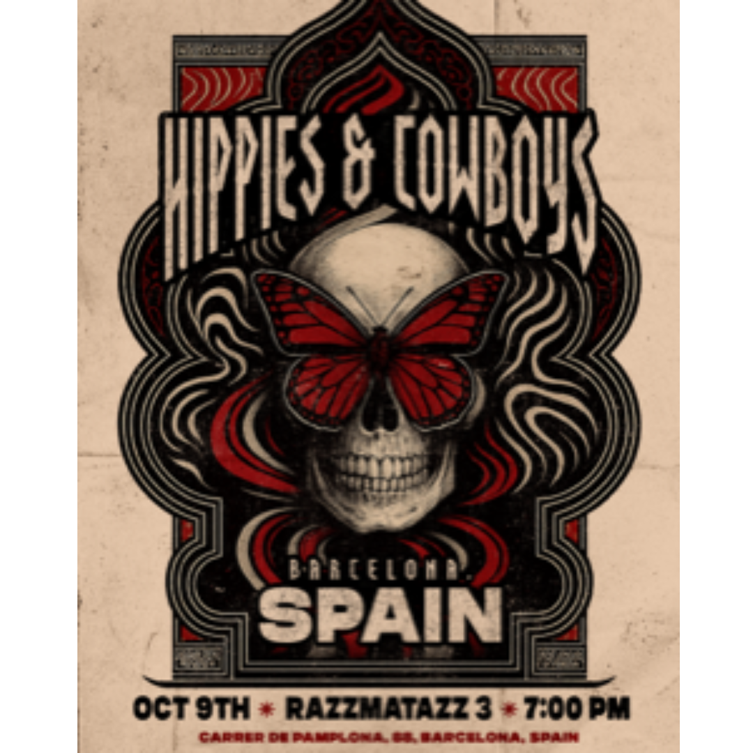Hippies & Cowboys Barcelona 2025 poster with skull and red butterfly artwork. (Copy)