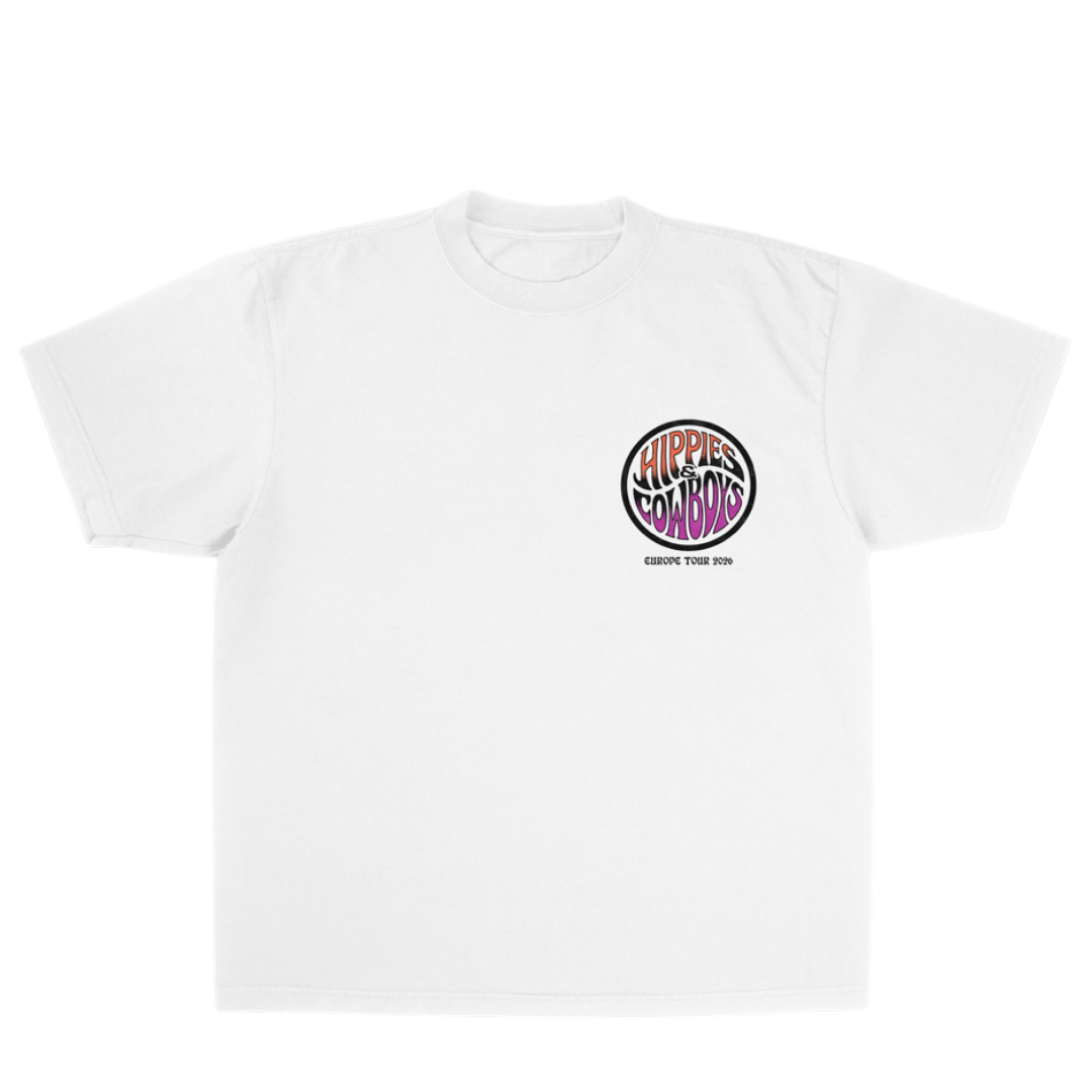 Front view of a white Hippies & Cowboys Europe Tour 2026 T-shirt with a small chest logo.