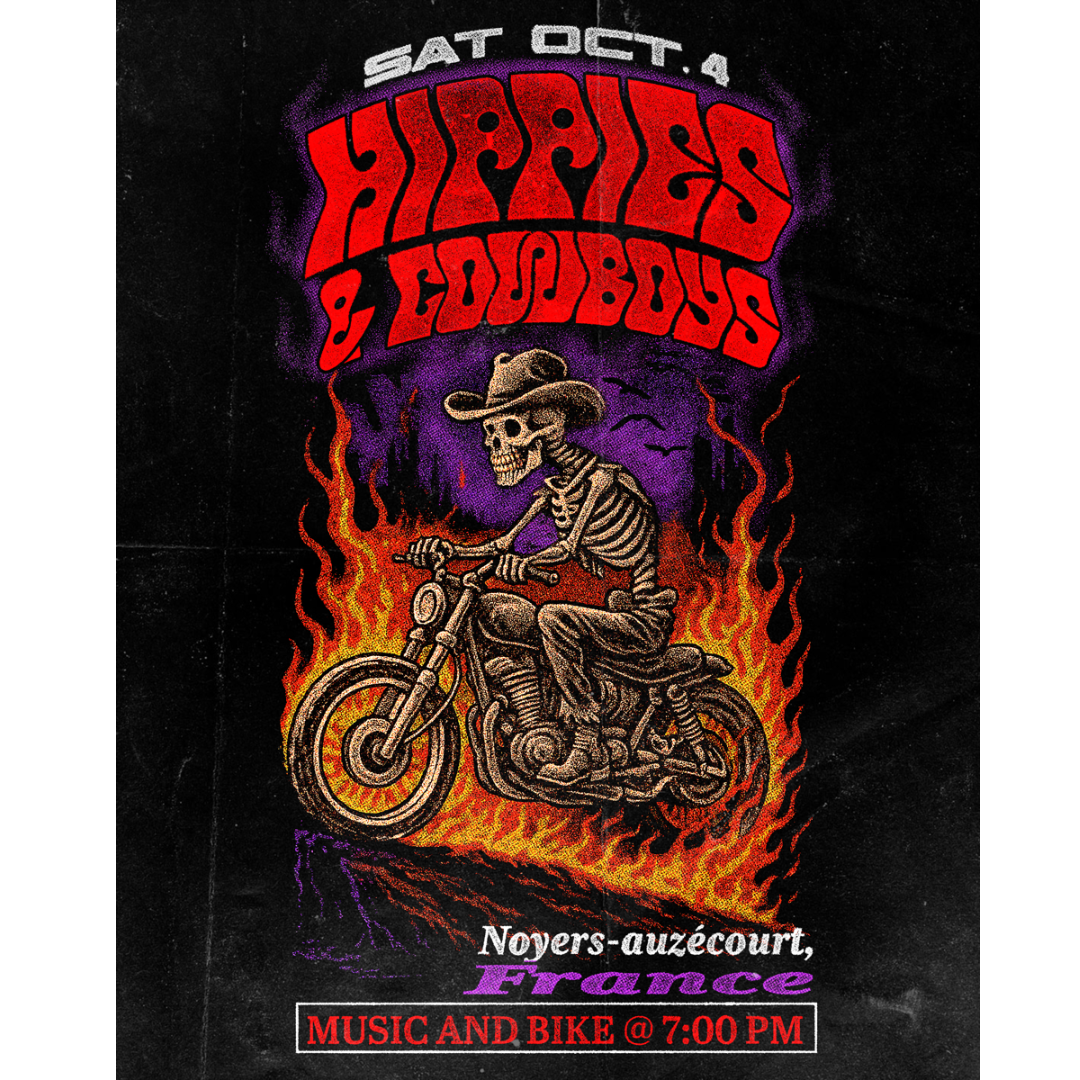 Hippies & Cowboys France 2025 poster with skeleton cowboy riding through flames. (Copy)