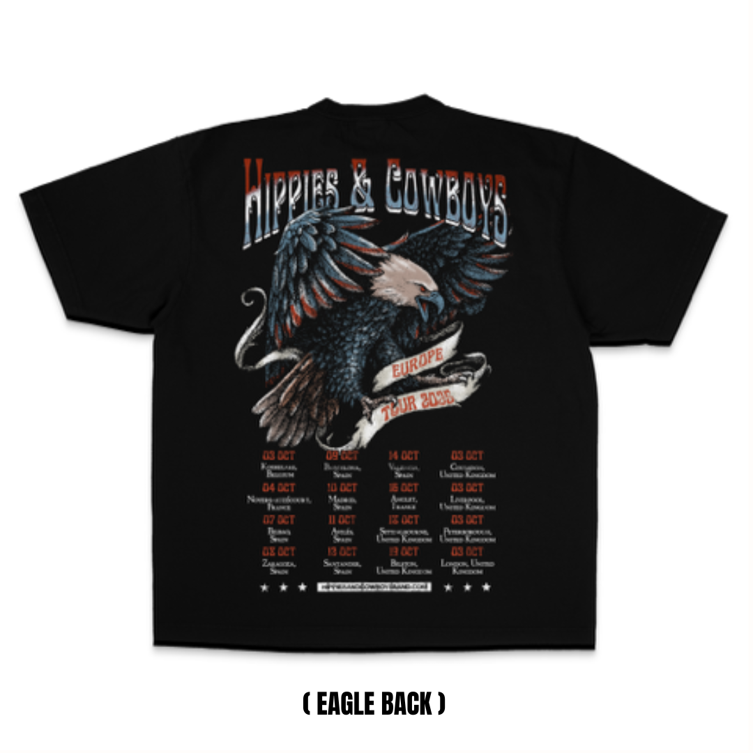 Back of the Hippies & Cowboys “EAGLE” T-Shirt featuring eagle artwork and full 2025 Europe Tour dates.