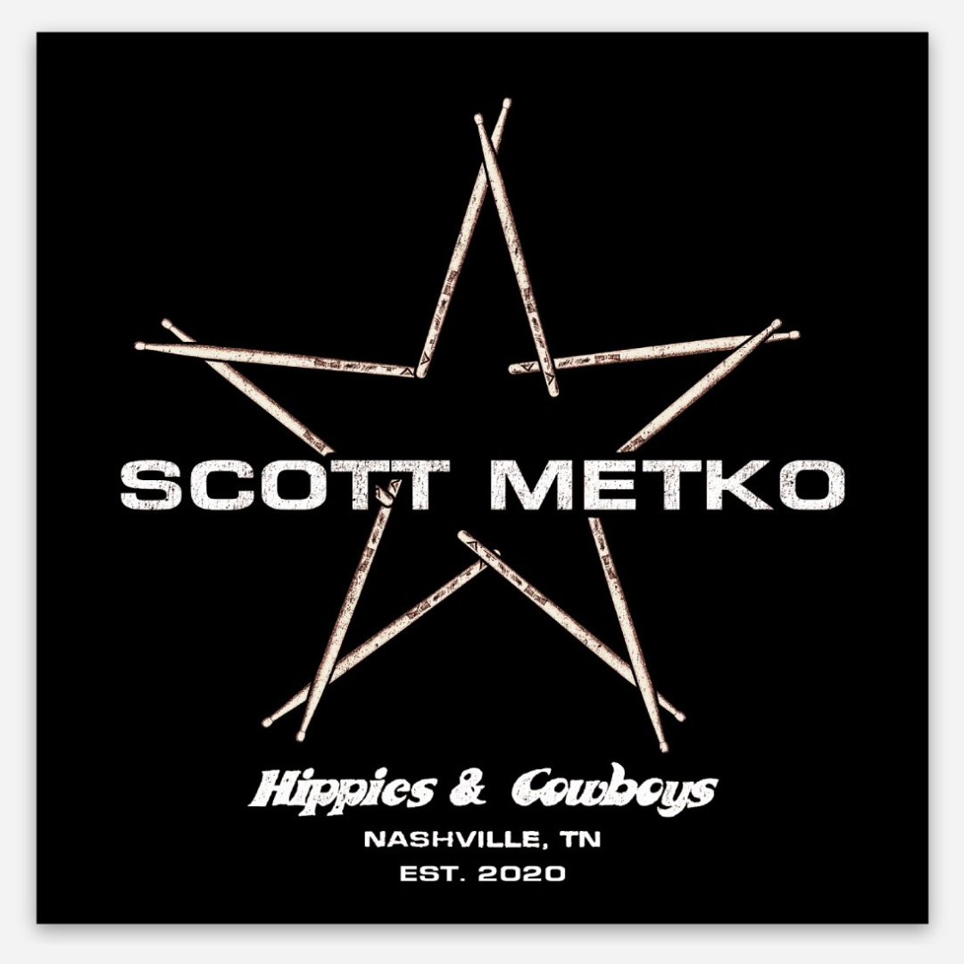 Black Scott Metko logo sticker featuring a five-point star made of drumsticks, bold white lettering, and Hippies & Cowboys Nashville rock and soul band branding.