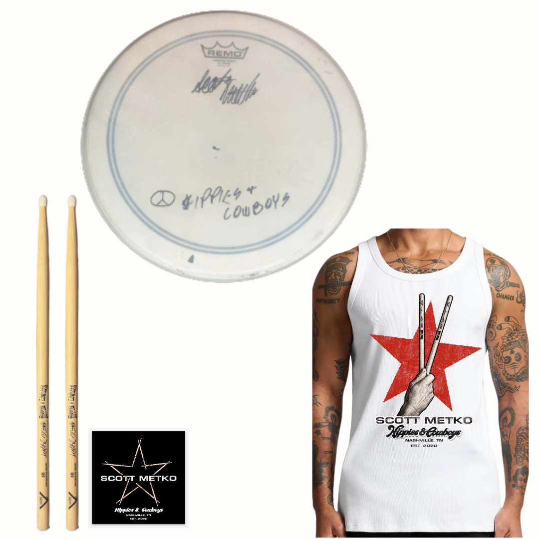Scott Metko men's white ribbed star tank top featuring red star and drumstick design, paired with autographed Hippies & Cowboys drumhead, signature drumsticks, and logo sticker.