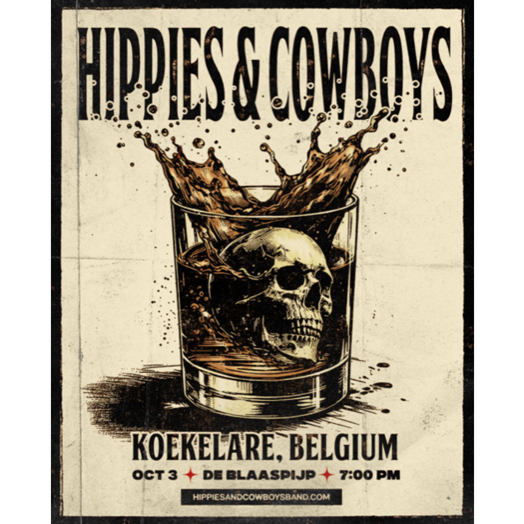 Hippies & Cowboys Belgium 2025 poster with skull in a splashing whiskey glass. (Copy)