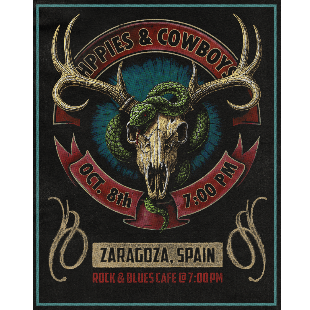 Hippies & Cowboys Zaragoza 2025 poster with skull, antlers, and coiled snake design. (Copy)