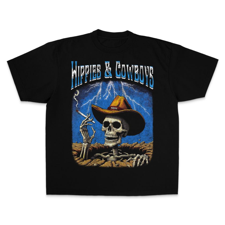 Hippies & Cowboys Blue Lightning T-Shirt featuring skeleton cowboy graphic with lightning storm, vintage Western design, and bold outlaw country band logo on black unisex cotton tee.