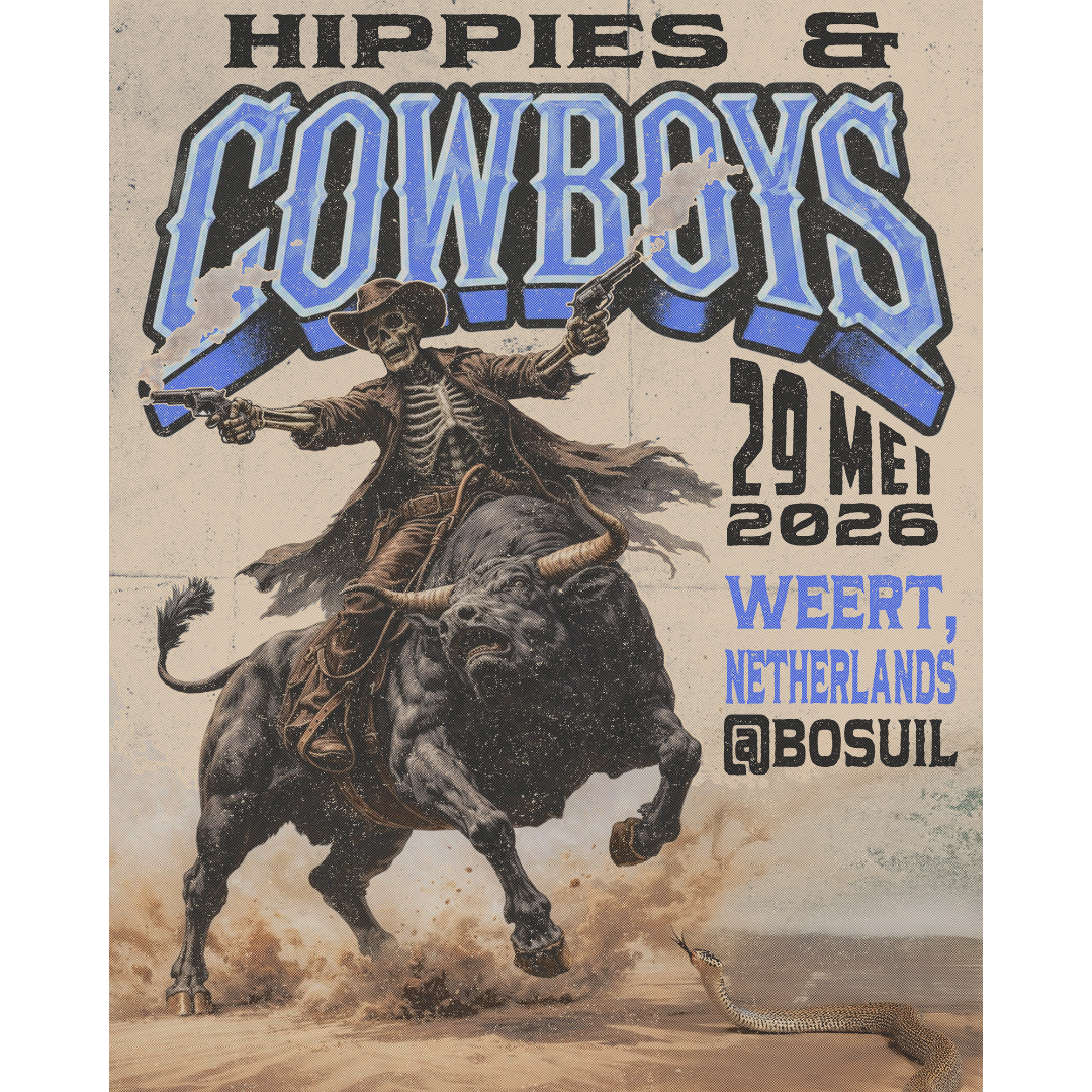 Hippies & Cowboys Weert Netherlands show poster with a skeleton cowboy riding a bull for the Bosuil show.