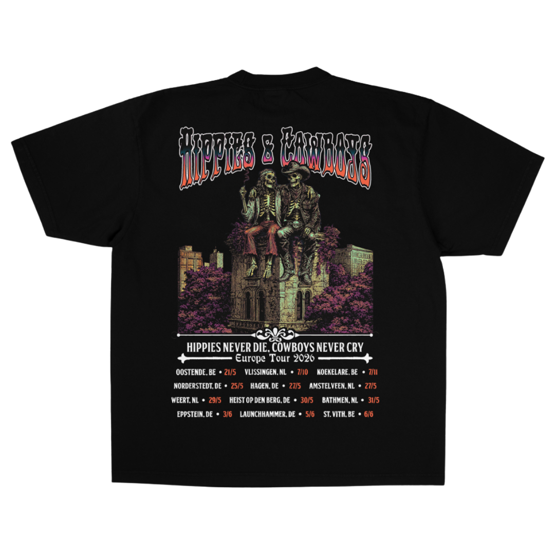 Back view of the black Hippies & Cowboys Europe Tour 2026 T-shirt with skeleton cowboy artwork and tour dates.