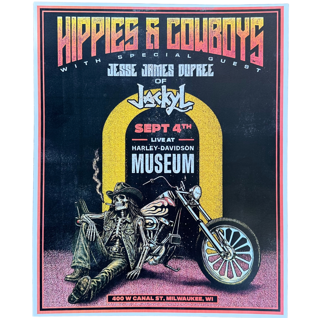 Hippies & Cowboys concert poster from the Harley-Davidson Museum, Milwaukee, Sept 4th with Jesse James Dupree of Jackyl. Limited-edition rock gig poster.