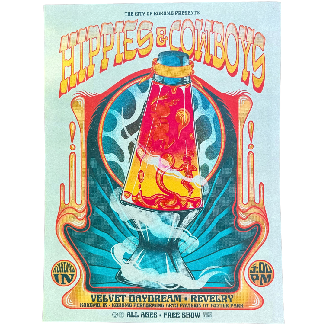 Hippies & Cowboys concert poster from Kokomo, IN at Foster Park with Velvet Daydream and Revelry. Psychedelic lava lamp art, limited edition.