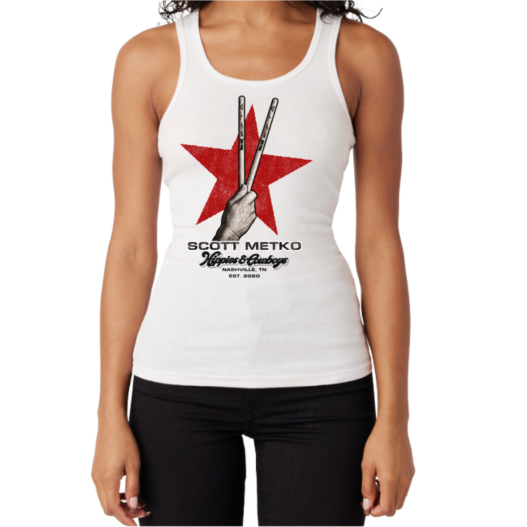White women’s ribbed tank featuring Scott Metko drumstick artwork and a red star.