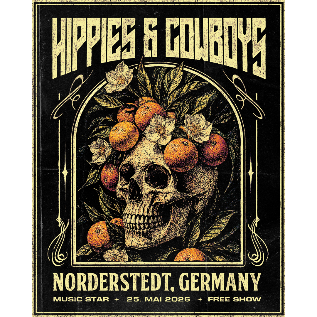 Hippies & Cowboys Norderstedt Germany show poster featuring a skull with oranges and floral artwork for Music Star.