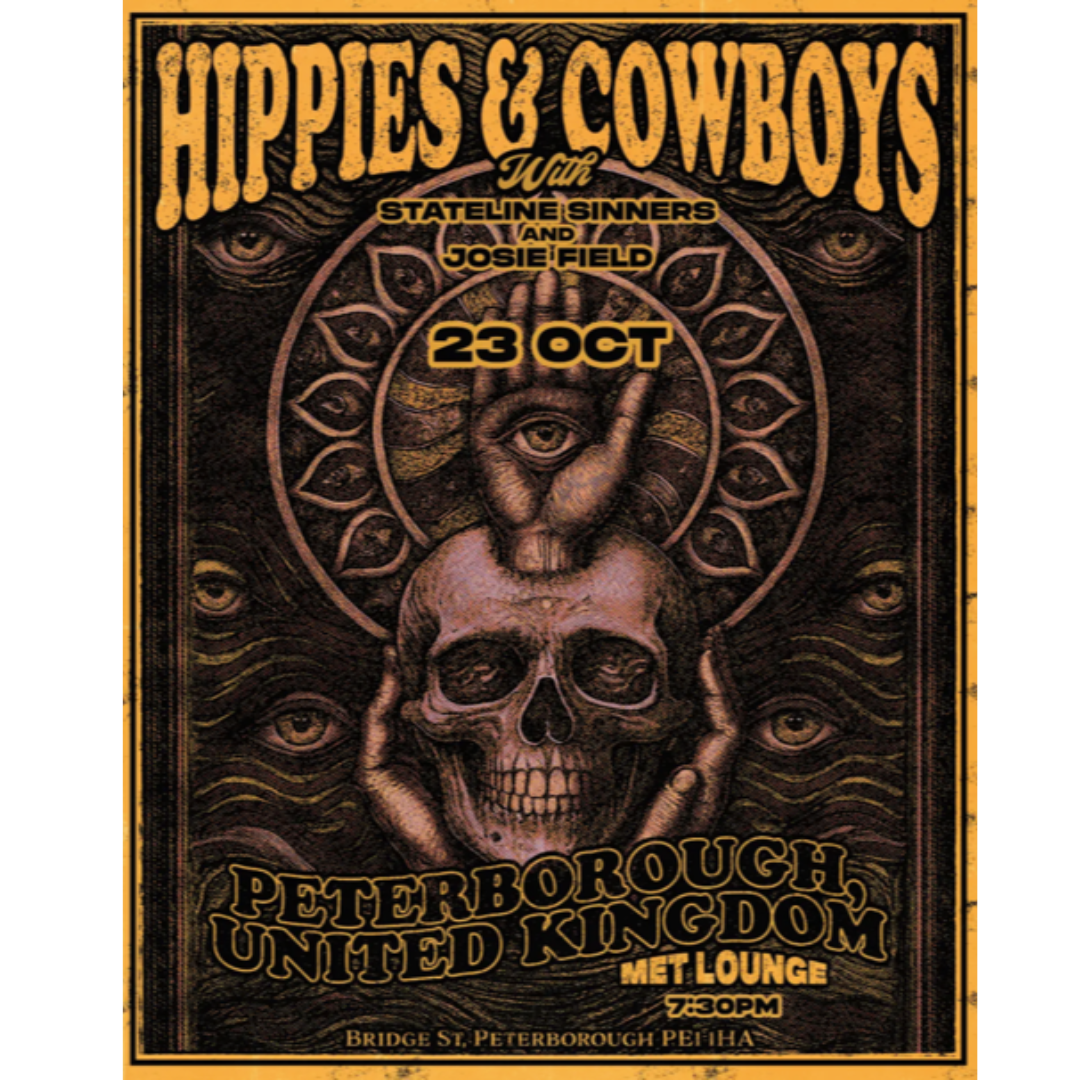 Hippies & Cowboys Peterborough 2025 poster featuring third-eye skull and vintage design. (Copy)
