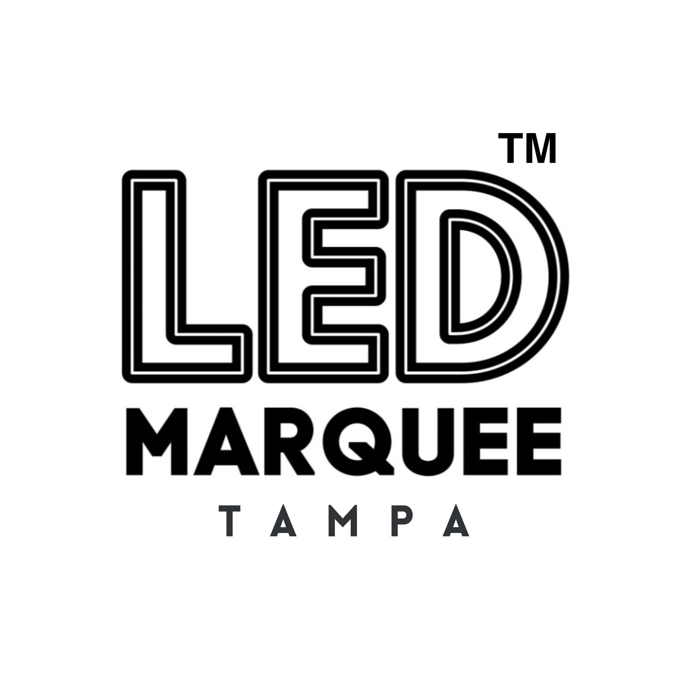 Black and white logo for LED Marquee Tampa, with 'LED' in large outlined letters, 'Marquee' in bold font below, and 'Tampa' in smaller capital letters underneath.