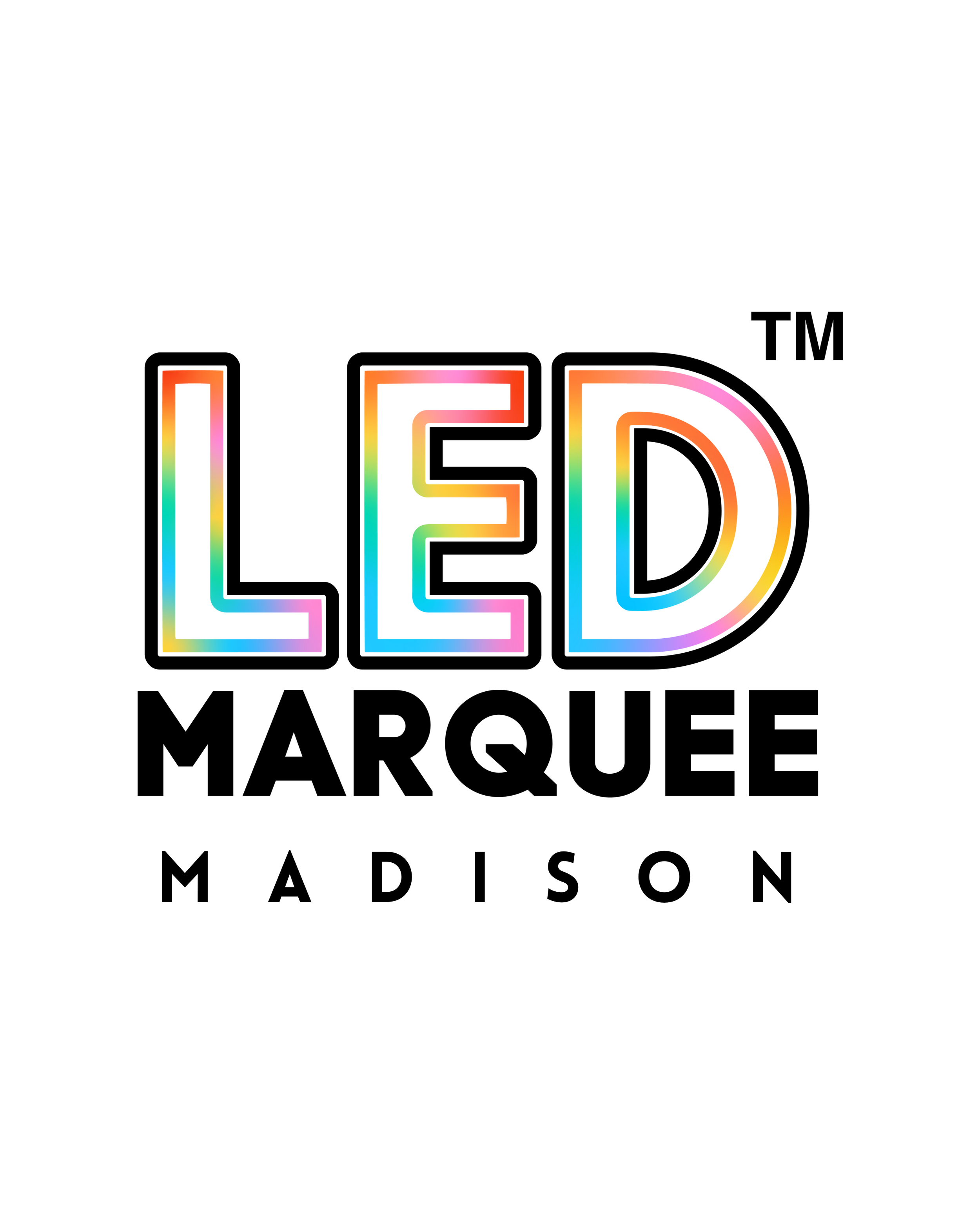 RENT Colorful LED marquees in 'LED MARQUEE MADISON' with the word 'LED' in rainbow colors, ‘MARQUEE’ in black bold letters, and ‘MADISON’ in smaller black letters below.