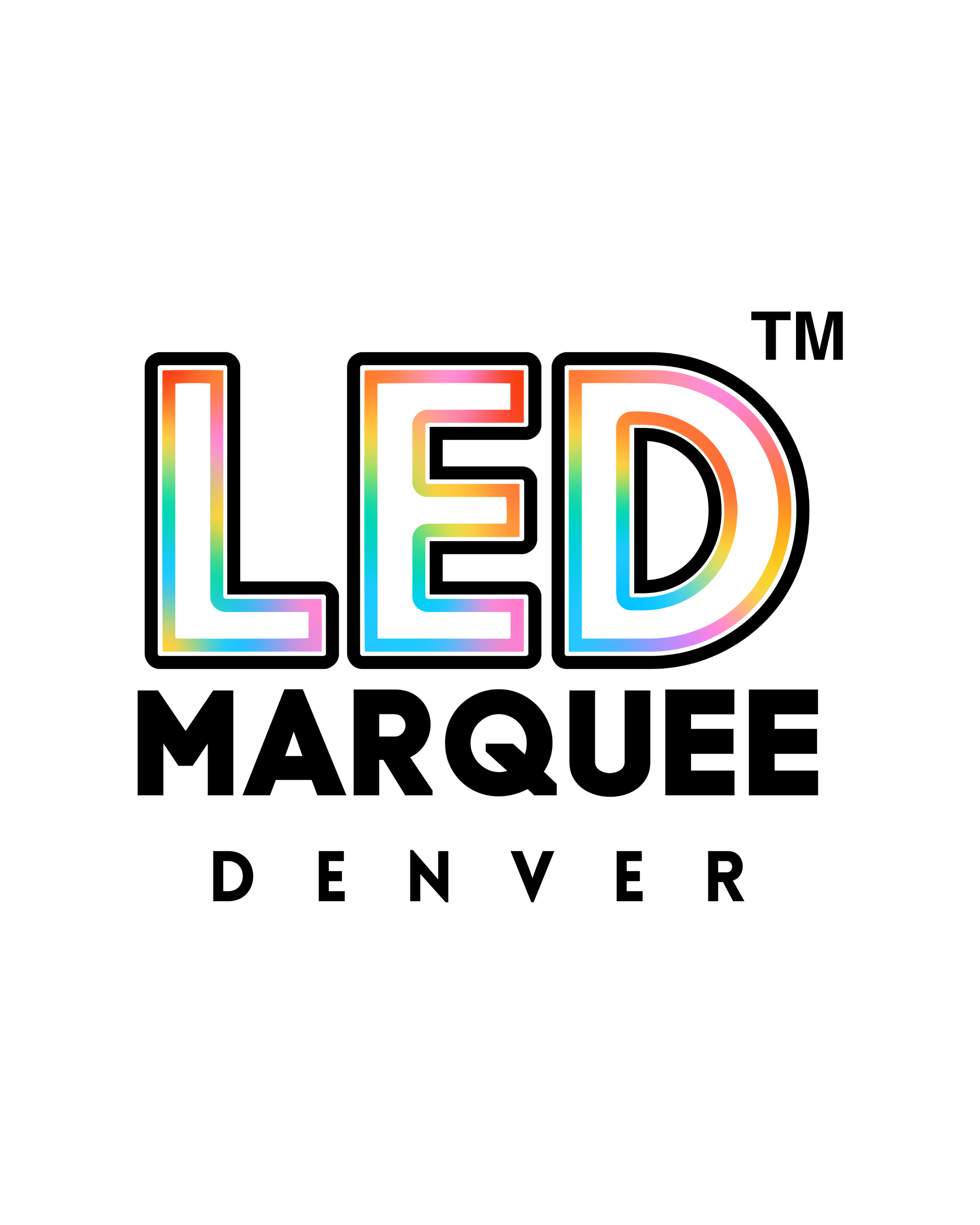 Rent LED Marquees in Denver Colorado, this is the  logo with the word "LED" outlined in rainbow colors, "Marquee" in bold black text below, and "Denver" underneath.