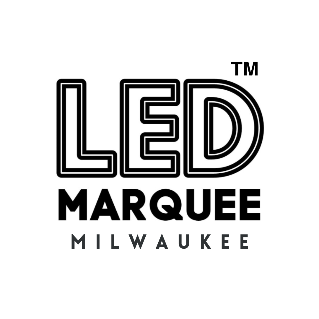 Logo for LED Marquees in Milwaukee Wisconsin featuring a stylized text design in black on a white background.
