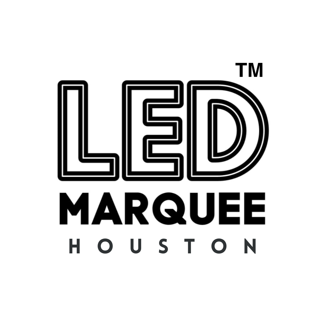 LED MARQUEES in  HOUSTON logo in black and white with stylized text and a registered trademark symbol.