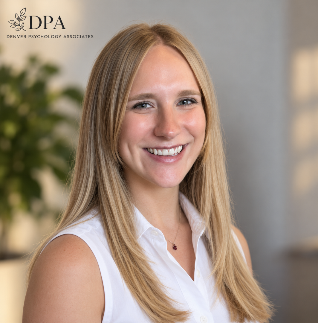Portrait of a smiling woman with blonde hair wearing a sleeveless white blouse and a necklace, standing indoors with a blurred background and a logo of Denver Psychology Associates in the top left corner.
