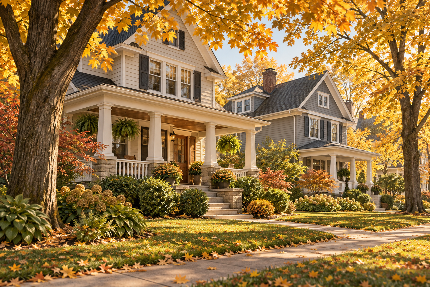 Original illustration of traditional Northeast Ohio homes in autumn