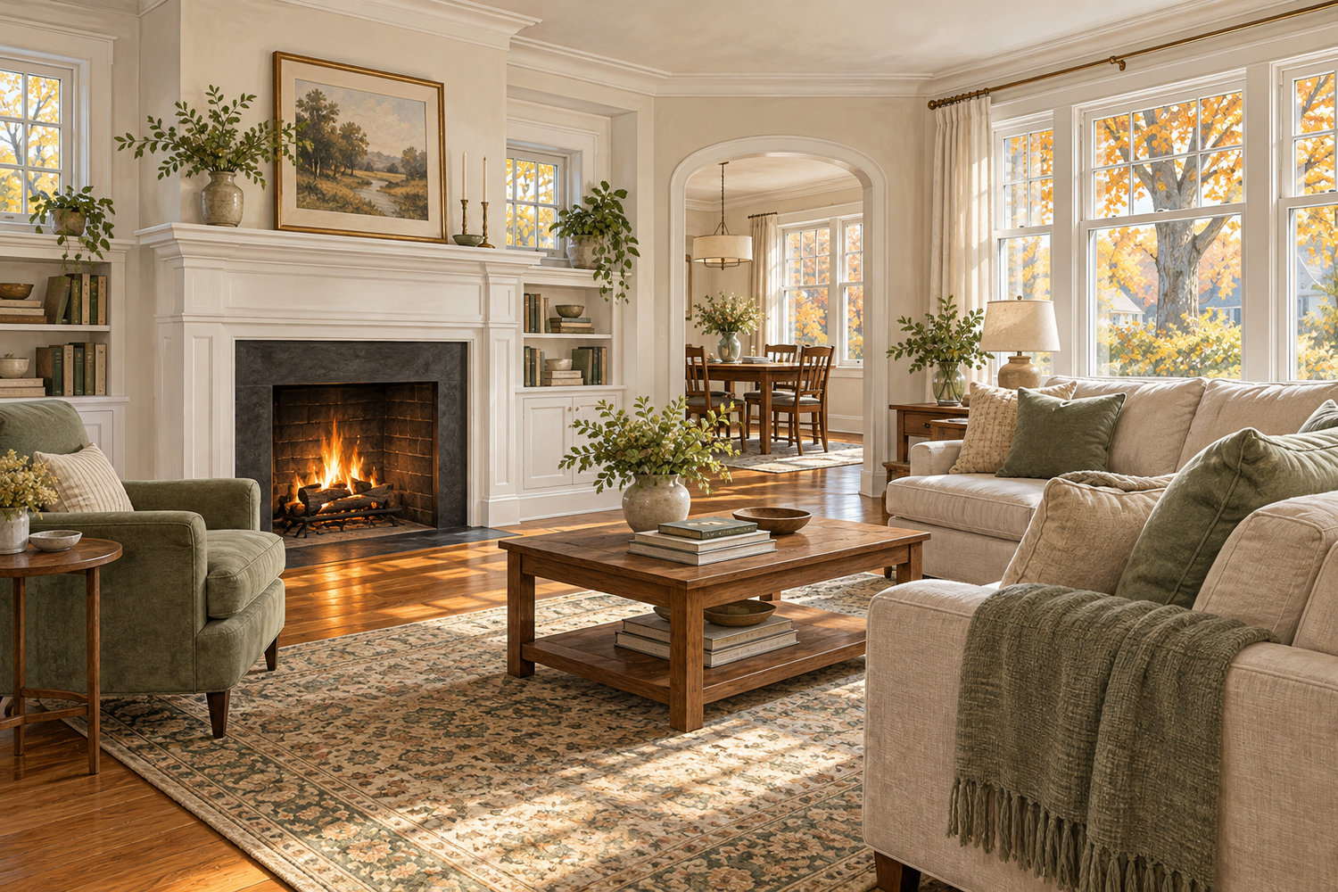 Original illustration of a traditional home interior with hardwood floors and a fireplace