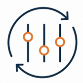 An icon of a control or settings slider with three vertical orange sliders on a circular background with arrows indicating adjustment.
