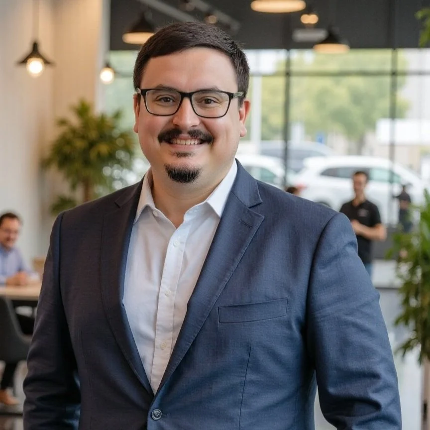 A smiling man in a navy suit and white shirt with black glasses, standing in a modern office or cafe with large windows and blurred background of people and outdoor scenery.