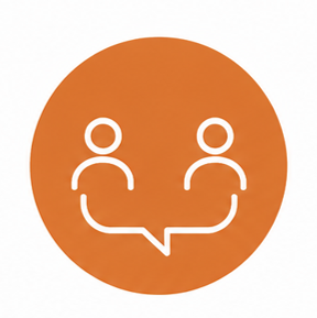 Icon of two people connected by a speech bubble in a round orange background.