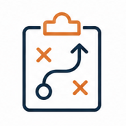 A diagram of a strategic game plan with a clipboard, showing a route with an upward arrow and two orange X marks.