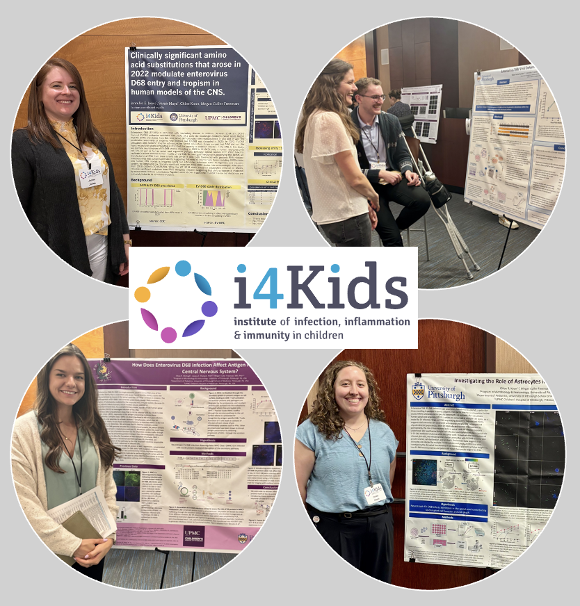 The Freeman Lab (clockwise from top left: Jenny, Blake, Chloe, Olivia) presenting posters at the i4Kids 2026 symposium.