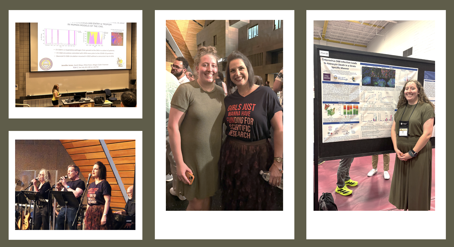 Scenes from ASV 2026: Minneapolis. Jenny gives a flash talk, Chloe gives a poster, Megan sings with Herpetic Legion