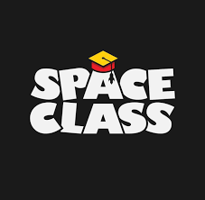Logo for the streaming service 'Space Class' featuring bold white text with a small yellow and red graduation cap above the letter 'A' in 'Space' against a black background.
