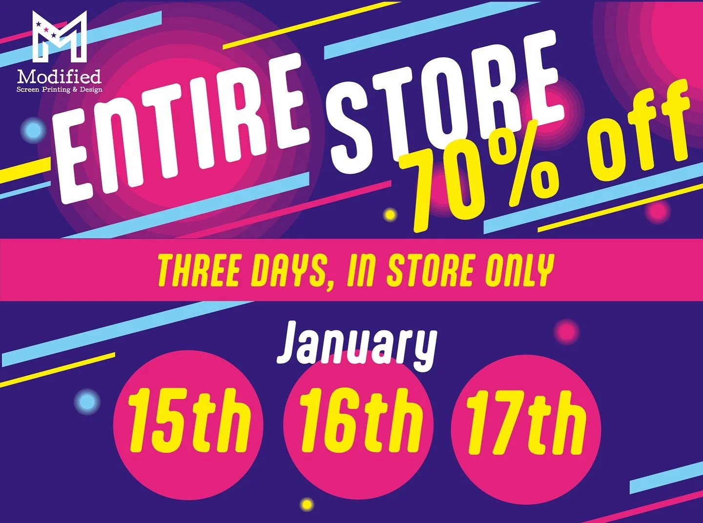 Starting Thursday January 15th-17th (THREE DAYS ONLY), 
All merchandise will be 70% off. 
IN STORE ONLY. 
While supplies last. 
All sales final. 

We are discontinuing our current stock of in store merchandise. Going forward we will be taking custom 