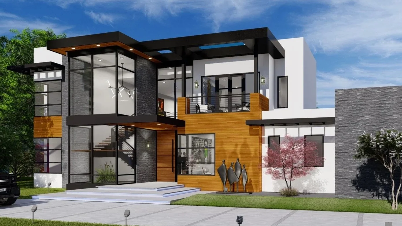 Modern two-story house with large windows, a mix of wood and stone exterior, landscaped yard, and clear blue sky.