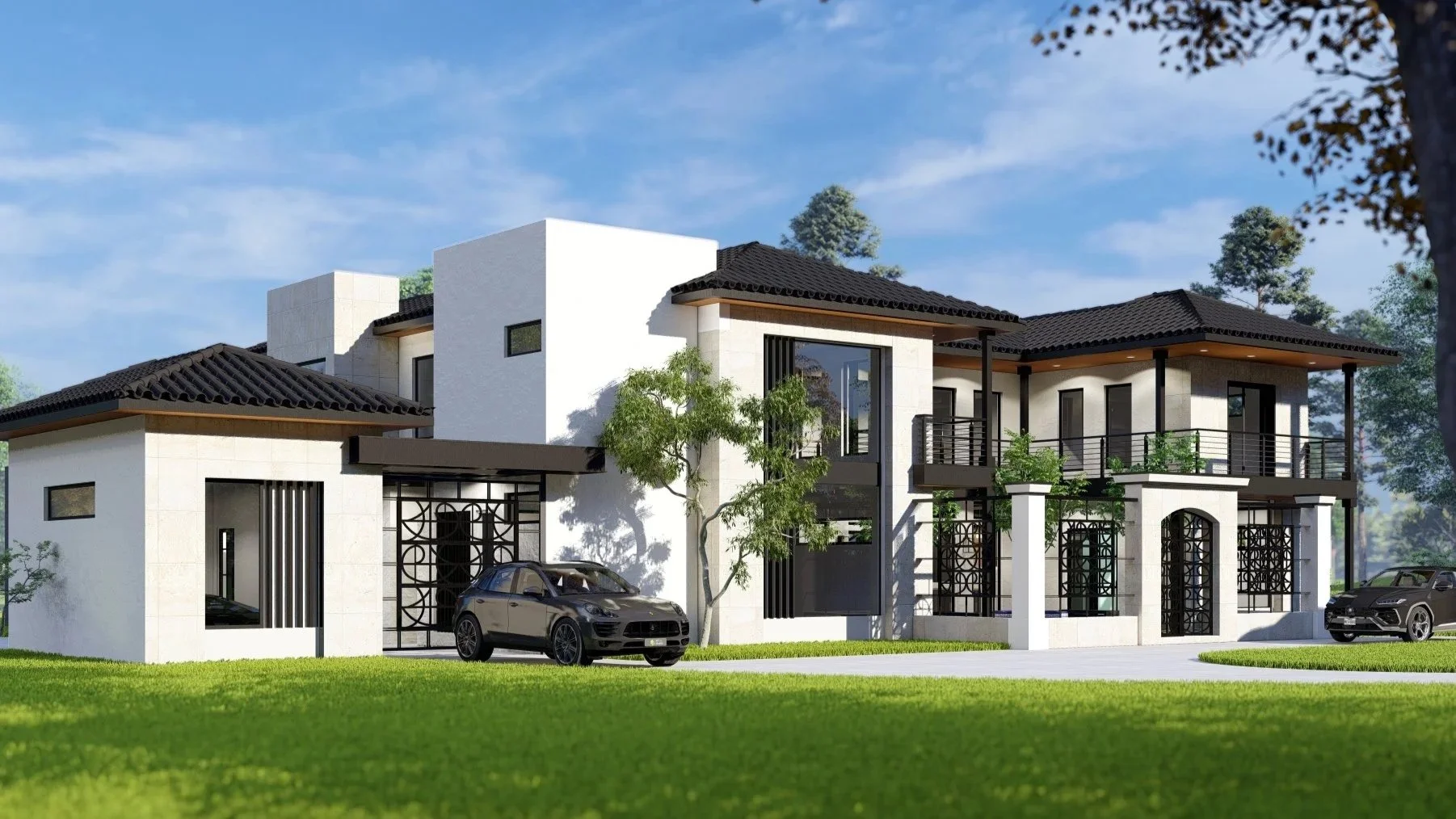 Modern two-story house with a black roof, white walls, and a car parked in the driveway, surrounded by lush green lawn and trees.
