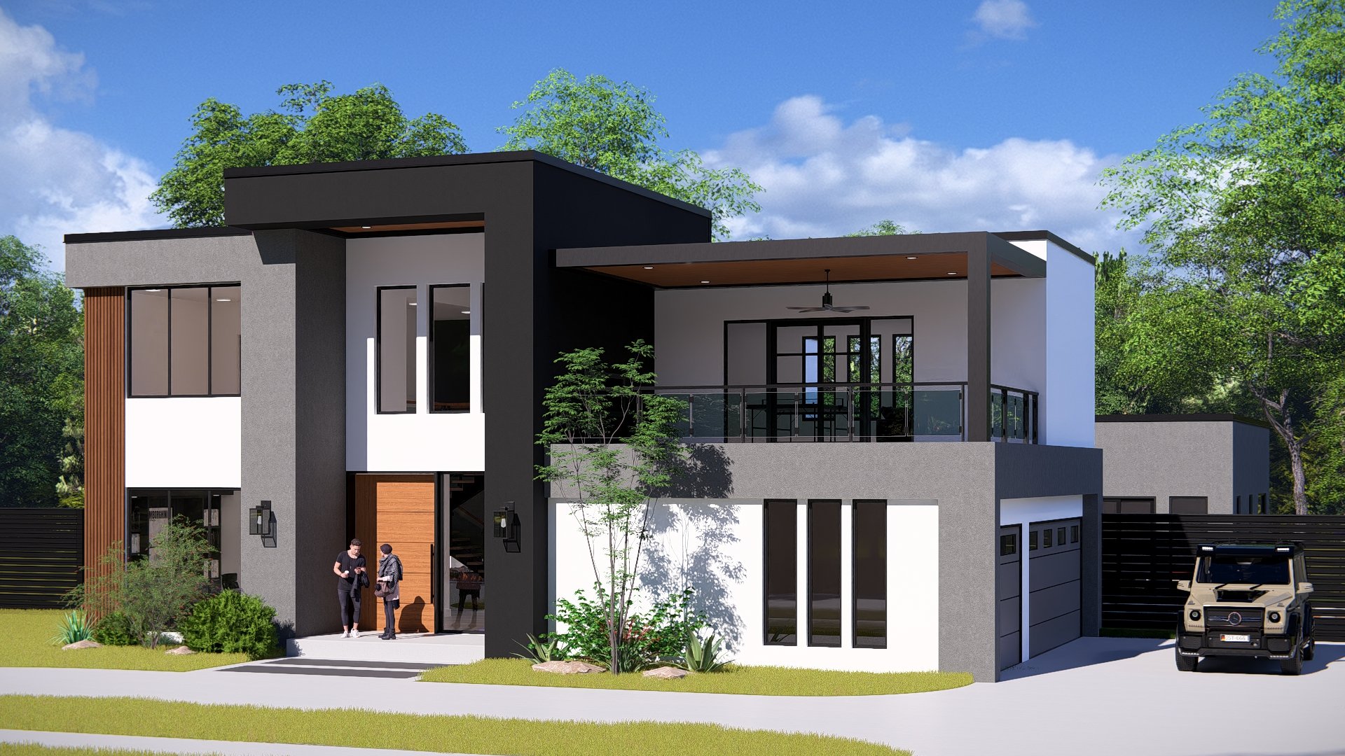 Modern two-story house with white and black exterior, large windows, and wooden accents, surrounded by a garden and trees.