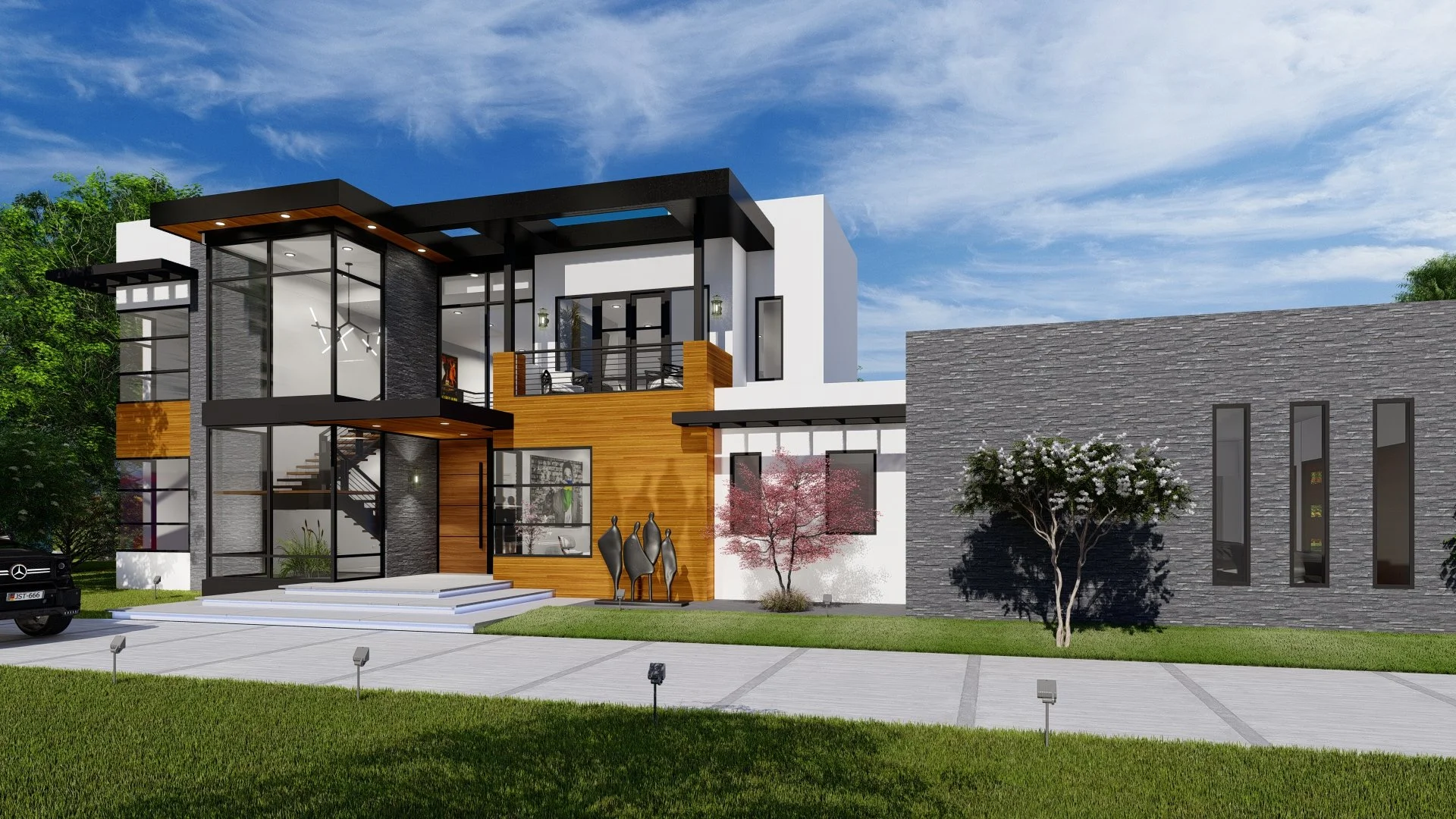 Modern two-story house with large windows, a mix of wood and stone exterior, landscaped yard, and clear blue sky.