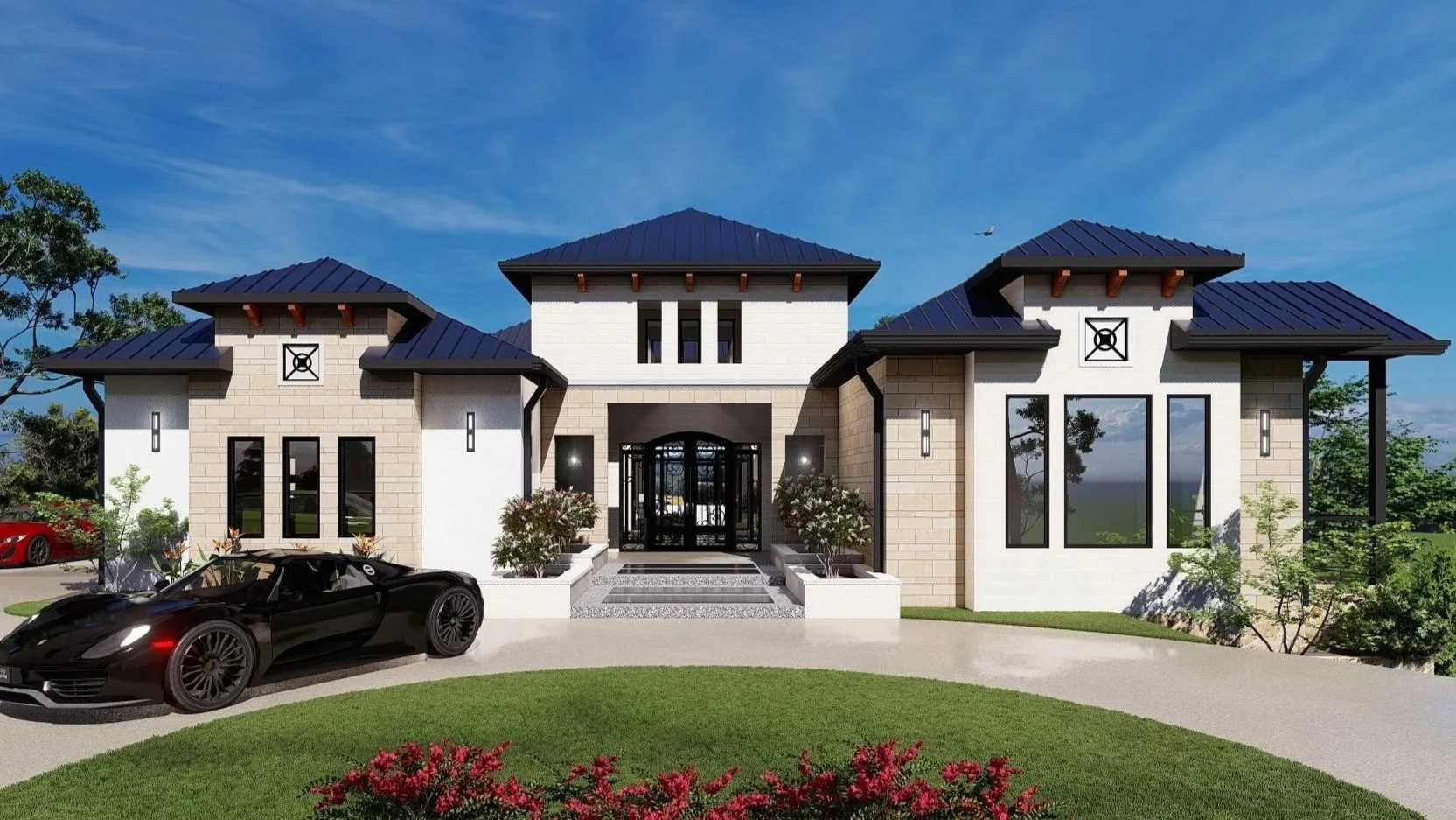 Modern luxury house with blue roof, surrounded by landscaped garden, black sports car in driveway.
