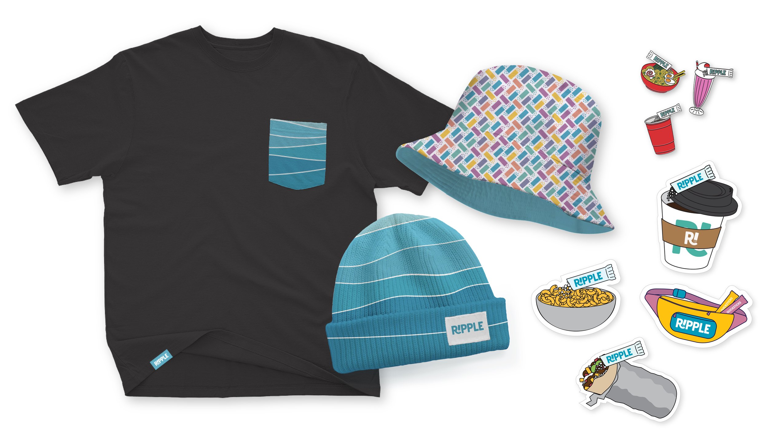 Ripple rebranded swag including pocket t-shirt, beanie, bucket hat, stickers, and enamel pins
